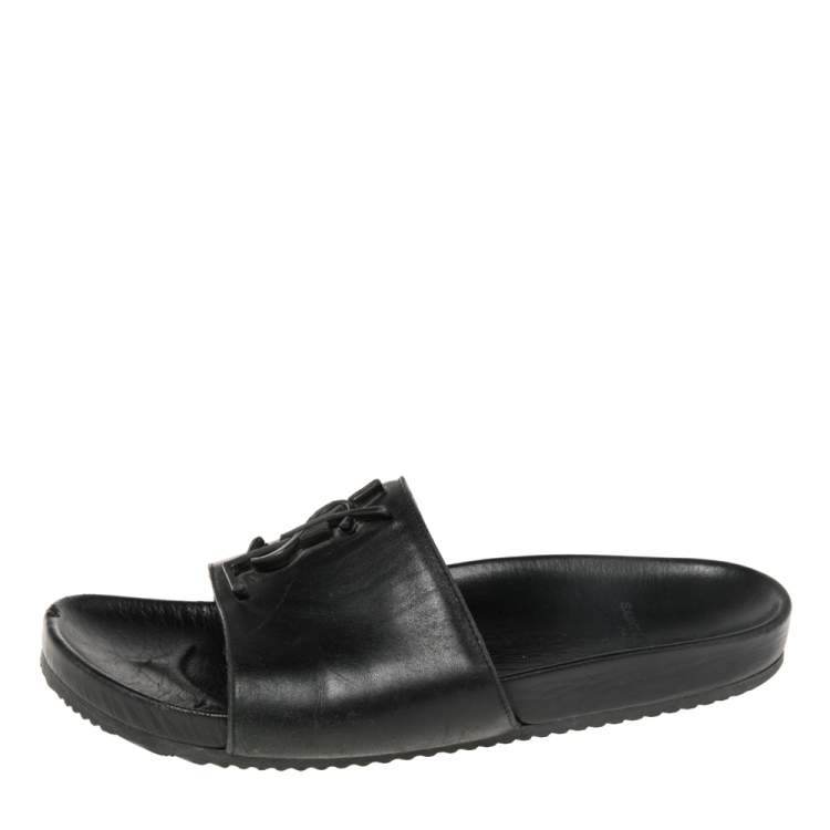 Pre Owned Saint Laurent Black Leather Jimmy Slide Flats Size 38
