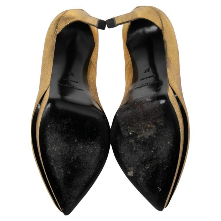 Pre Owned Saint Laurent Gold Leather Janis Pointed Toe Platform Pumps Size 37