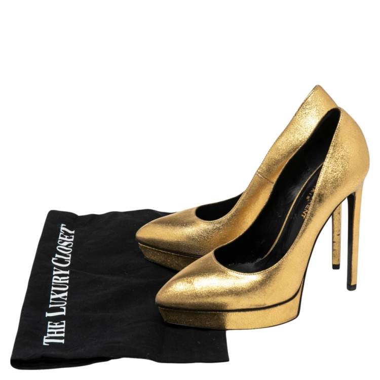 Pre Owned Saint Laurent Gold Leather Janis Pointed Toe Platform Pumps Size 37