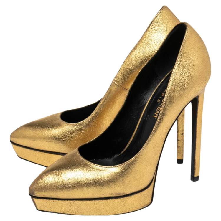 Pre Owned Saint Laurent Gold Leather Janis Pointed Toe Platform Pumps Size 37