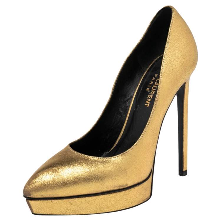 Pre Owned Saint Laurent Gold Leather Janis Pointed Toe Platform Pumps Size 37