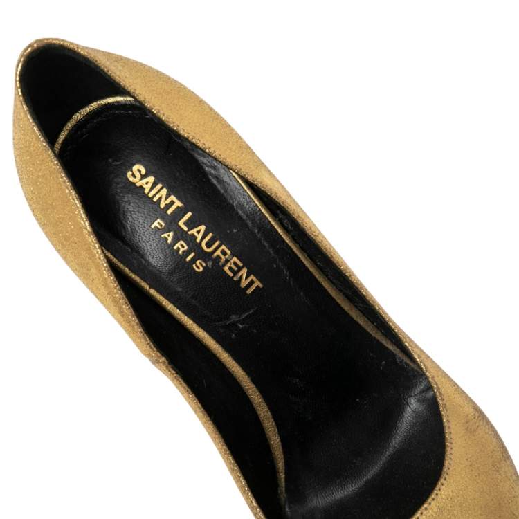 Pre Owned Saint Laurent Gold Leather Janis Pointed Toe Platform Pumps Size 37