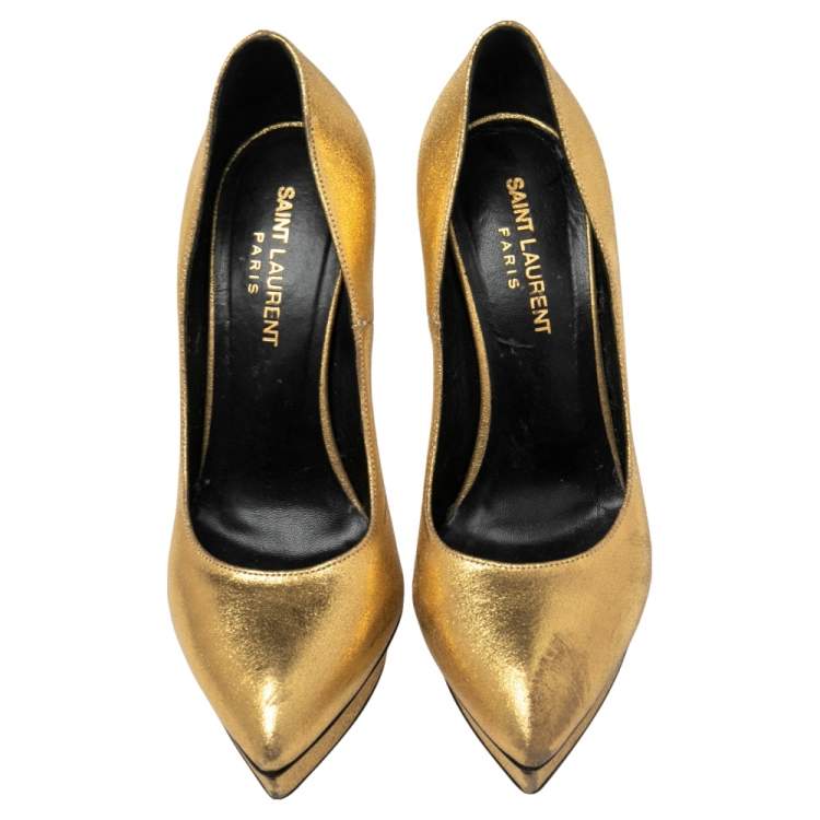 Pre Owned Saint Laurent Gold Leather Janis Pointed Toe Platform Pumps Size 37
