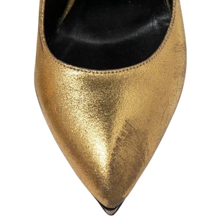 Pre Owned Saint Laurent Gold Leather Janis Pointed Toe Platform Pumps Size 37
