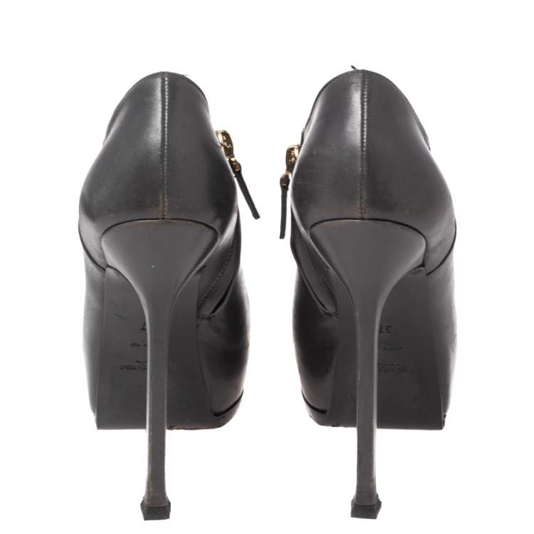 Pre Owned Saint Laurent  Grey/Black Leather And Patent Tribtoo Ankle Booties Size 37