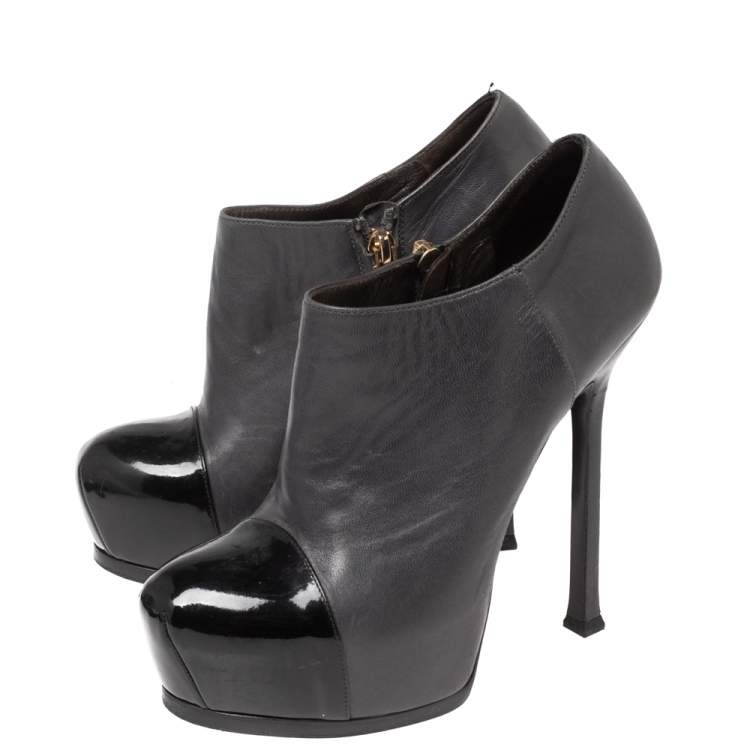 Pre Owned Saint Laurent  Grey/Black Leather And Patent Tribtoo Ankle Booties Size 37