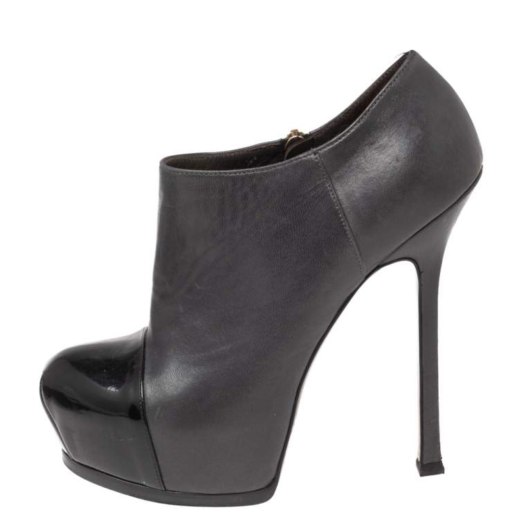 Pre Owned Saint Laurent  Grey/Black Leather And Patent Tribtoo Ankle Booties Size 37