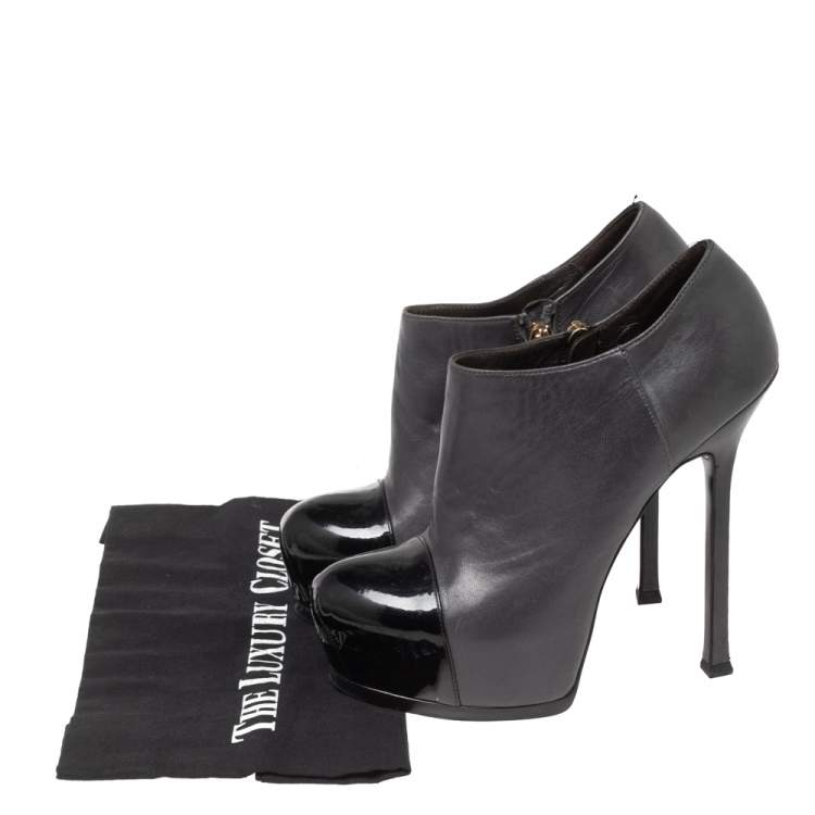 Pre Owned Saint Laurent  Grey/Black Leather And Patent Tribtoo Ankle Booties Size 37