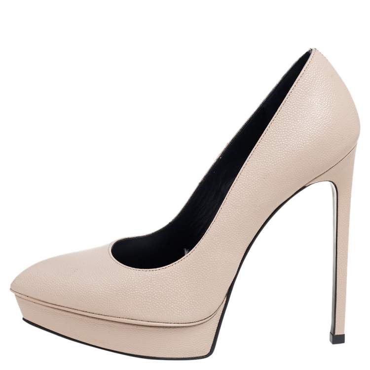 Pre Owned Saint Laurent Beige Leather Janis Pointed Toe Platform Pumps Size 37