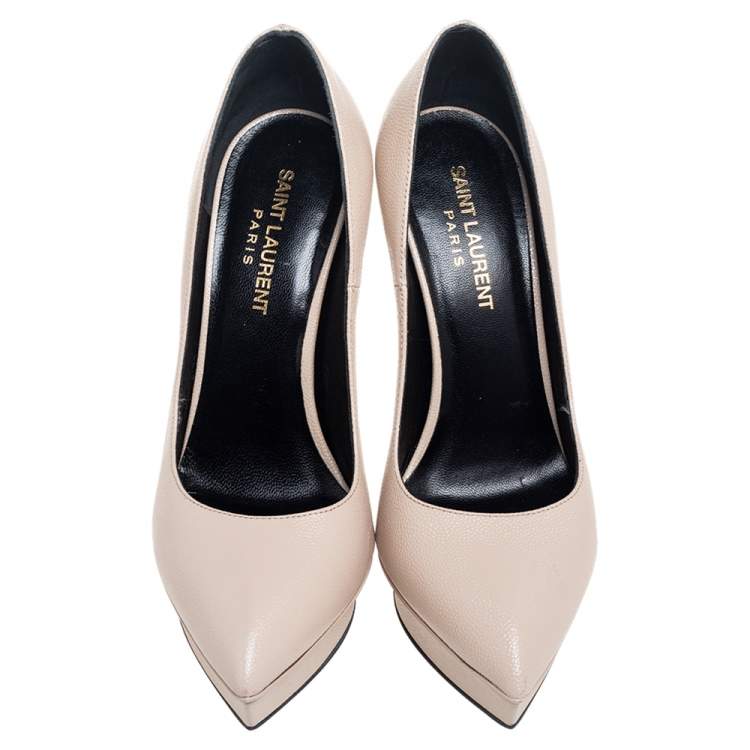 Pre Owned Saint Laurent Beige Leather Janis Pointed Toe Platform Pumps Size 37