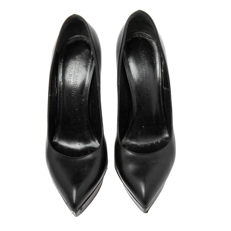 Pre Owned Saint Laurent Black Leather Janis Pointed Toe Platform Pumps Size 36.5