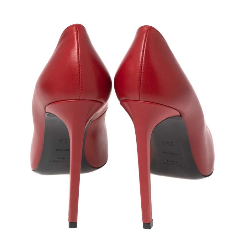 Pre Owned Saint Laurent Red Leather Studded Pointed Toe Pumps Size 36.5