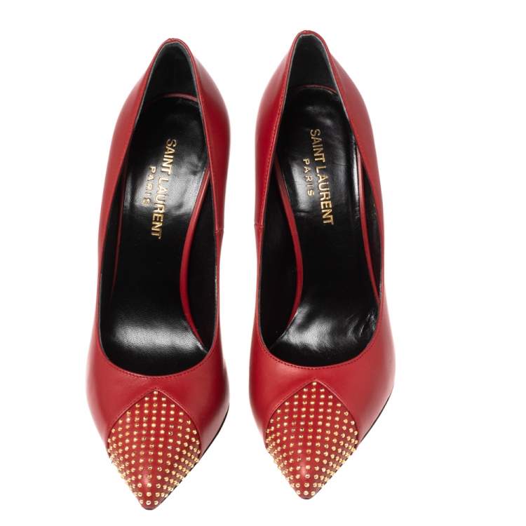 Pre Owned Saint Laurent Red Leather Studded Pointed Toe Pumps Size 36.5