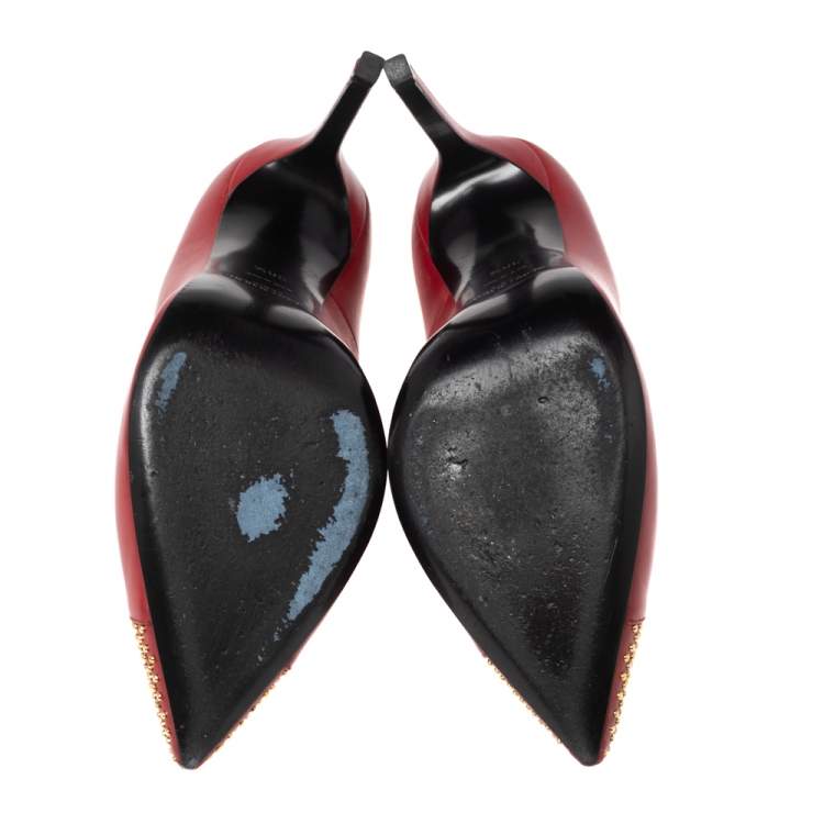 Pre Owned Saint Laurent Red Leather Studded Pointed Toe Pumps Size 36.5