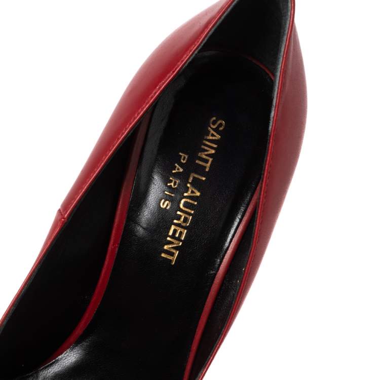 Pre Owned Saint Laurent Red Leather Studded Pointed Toe Pumps Size 36.5