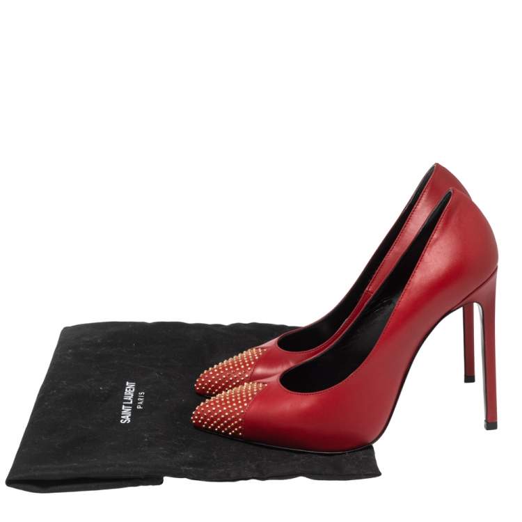 Pre Owned Saint Laurent Red Leather Studded Pointed Toe Pumps Size 36.5