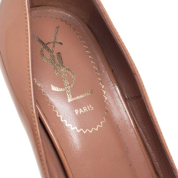 Pre Owned  Saint Laurent Beige Patent Leather And Leather Bow Tie Palais Platform Peep Toe Pumps Size 37.5