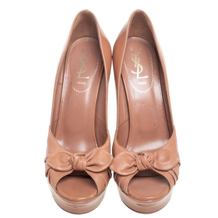 Pre Owned  Saint Laurent Beige Patent Leather And Leather Bow Tie Palais Platform Peep Toe Pumps Size 37.5