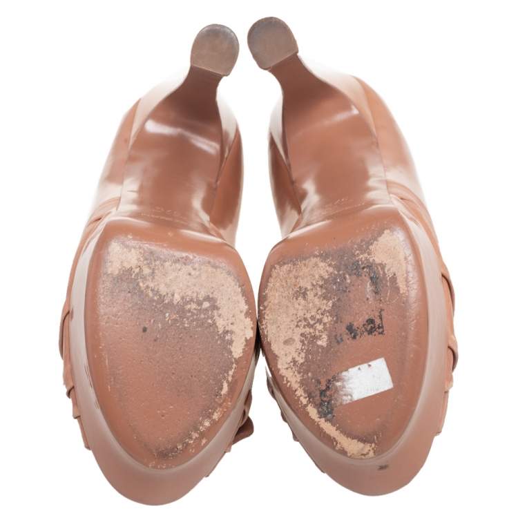 Pre Owned  Saint Laurent Beige Patent Leather And Leather Bow Tie Palais Platform Peep Toe Pumps Size 37.5