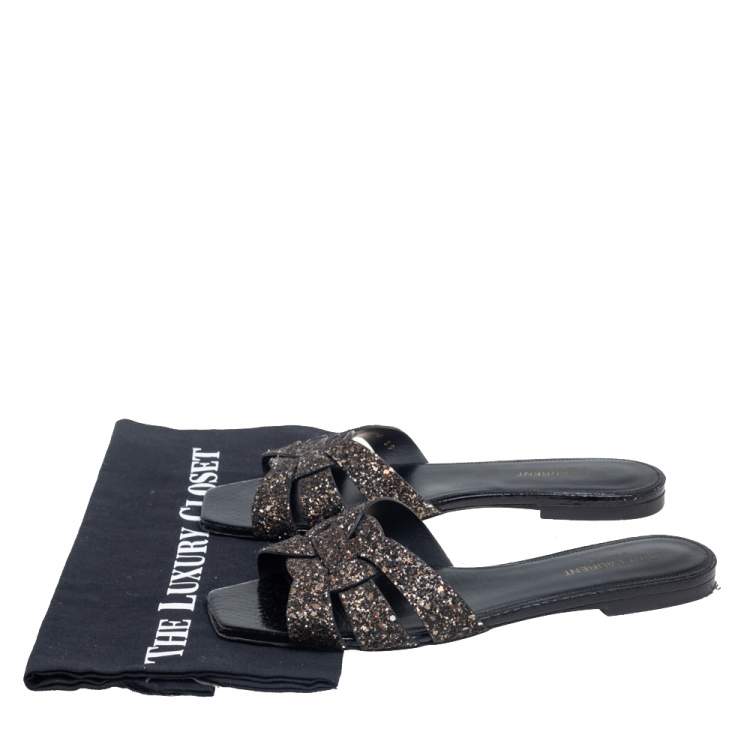 Pre Owned Saint Laurent Metallic Glitter Tribute Flat Slides Size 39