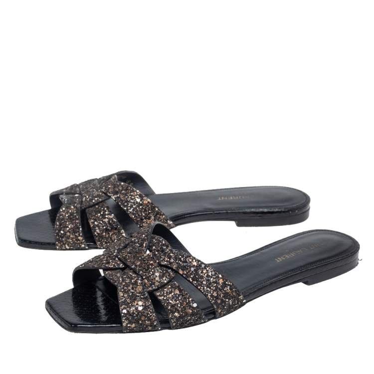 Pre Owned Saint Laurent Metallic Glitter Tribute Flat Slides Size 39