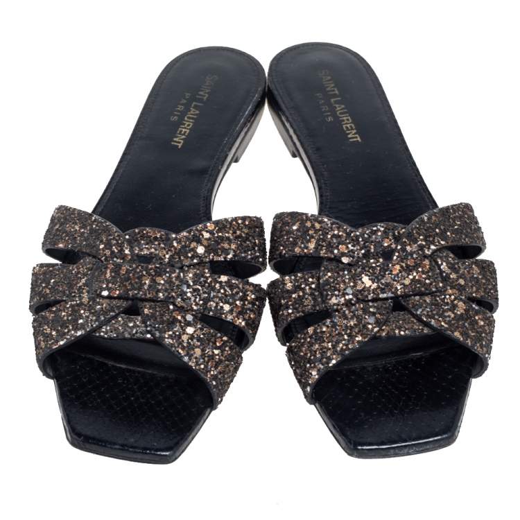Pre Owned Saint Laurent Metallic Glitter Tribute Flat Slides Size 39