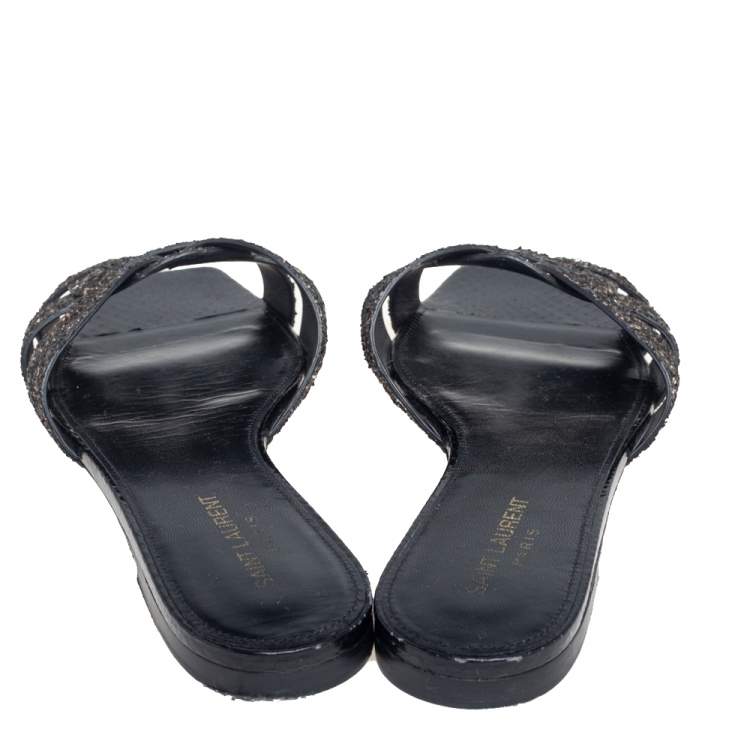 Pre Owned Saint Laurent Metallic Glitter Tribute Flat Slides Size 39