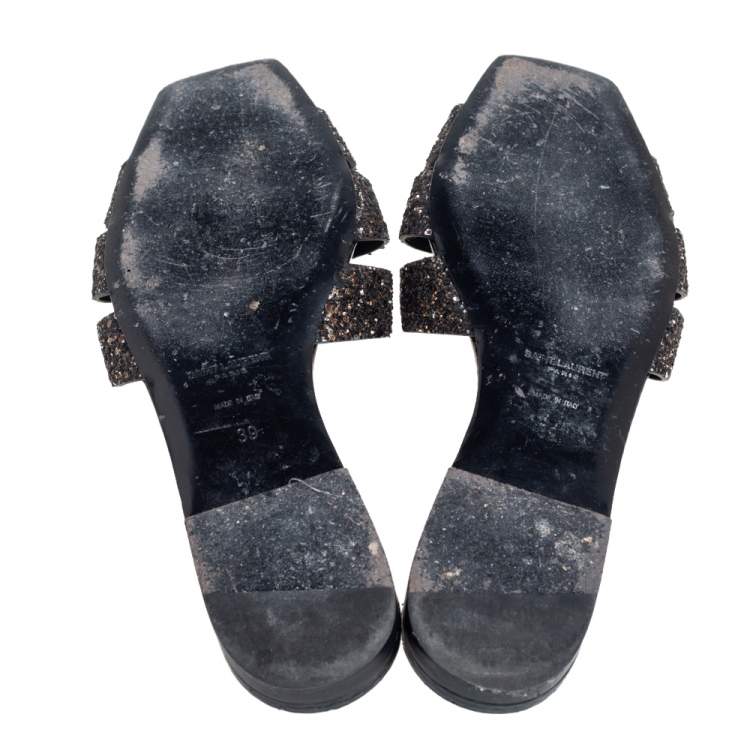 Pre Owned Saint Laurent Metallic Glitter Tribute Flat Slides Size 39