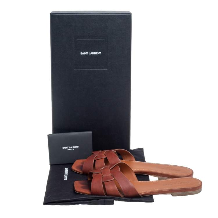 Pre Owned Saint Laurent Brown Leather Tribute Flat Slides Size 39