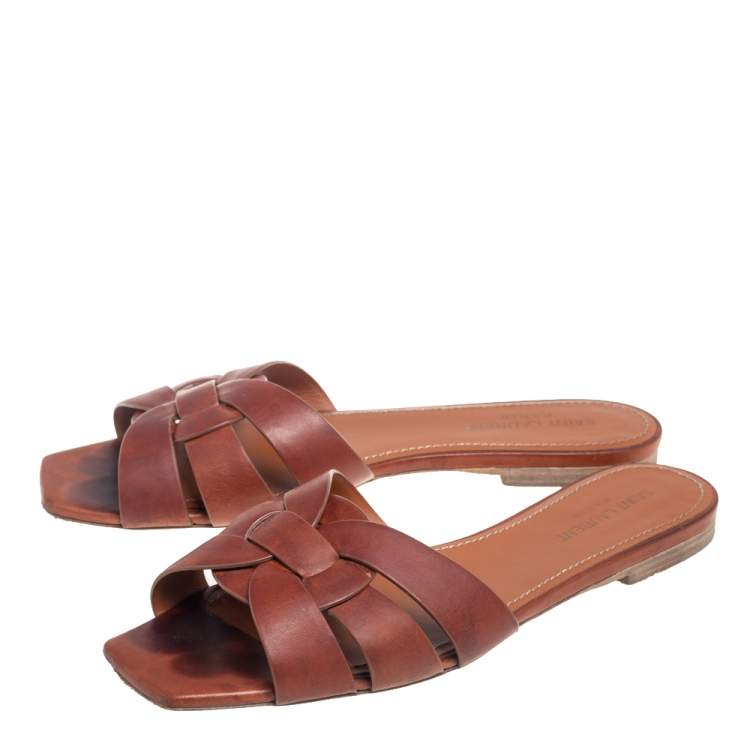 Pre Owned Saint Laurent Brown Leather Tribute Flat Slides Size 39