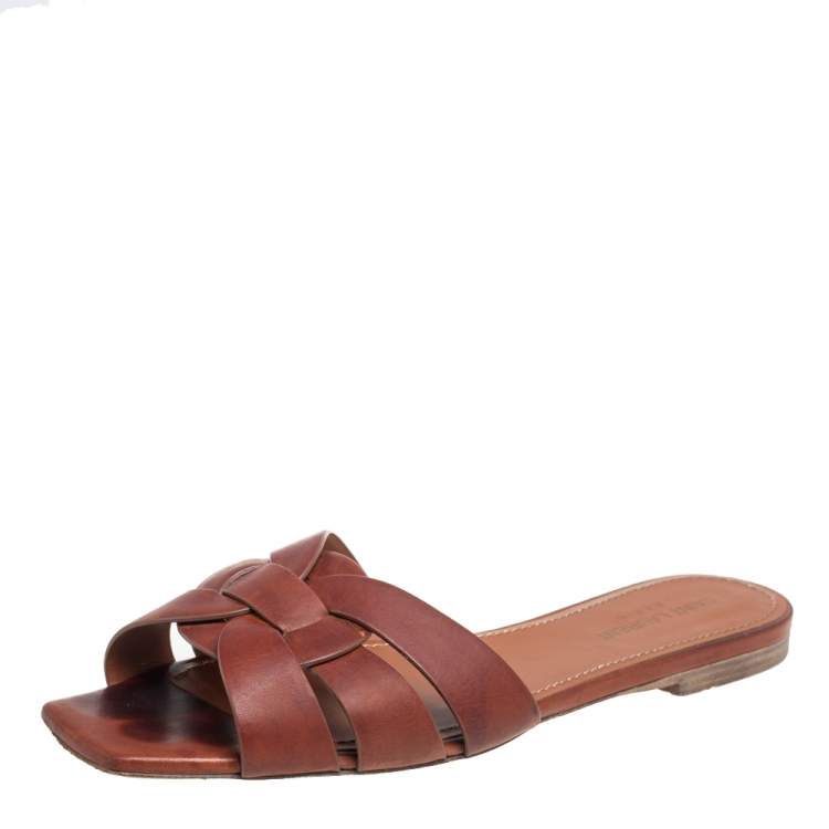 Pre Owned Saint Laurent Brown Leather Tribute Flat Slides Size 39