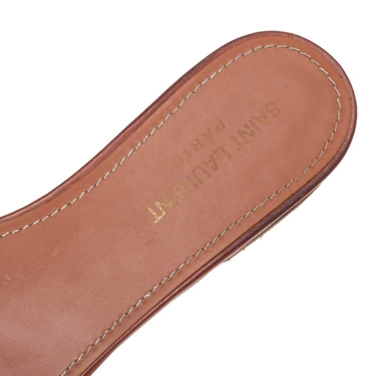 Pre Owned Saint Laurent Brown Leather Tribute Flat Slides Size 39