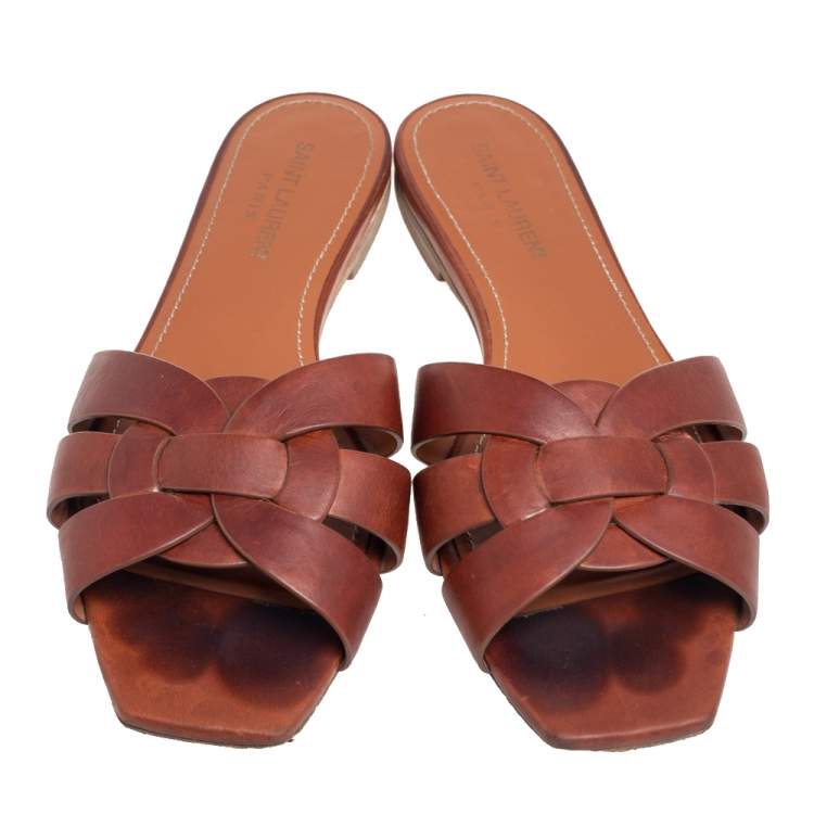 Pre Owned Saint Laurent Brown Leather Tribute Flat Slides Size 39