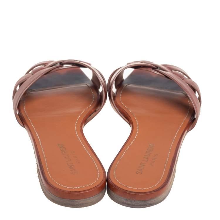 Pre Owned Saint Laurent Brown Leather Tribute Flat Slides Size 39