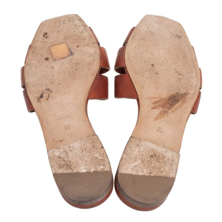 Pre Owned Saint Laurent Brown Leather Tribute Flat Slides Size 39