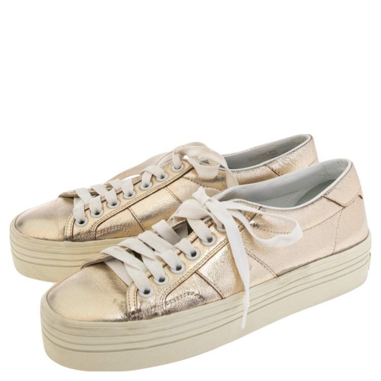Pre Owned Saint Laurent Gold Leather Platform Lace Up Sneakers Size 36.5