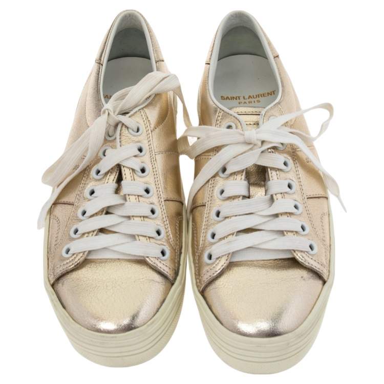 Pre Owned Saint Laurent Gold Leather Platform Lace Up Sneakers Size 36.5