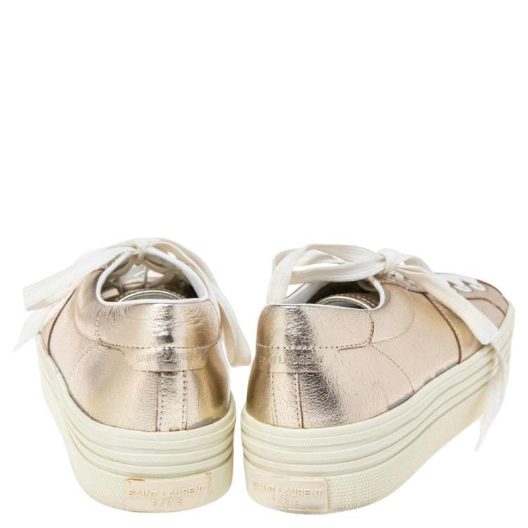 Pre Owned Saint Laurent Gold Leather Platform Lace Up Sneakers Size 36.5