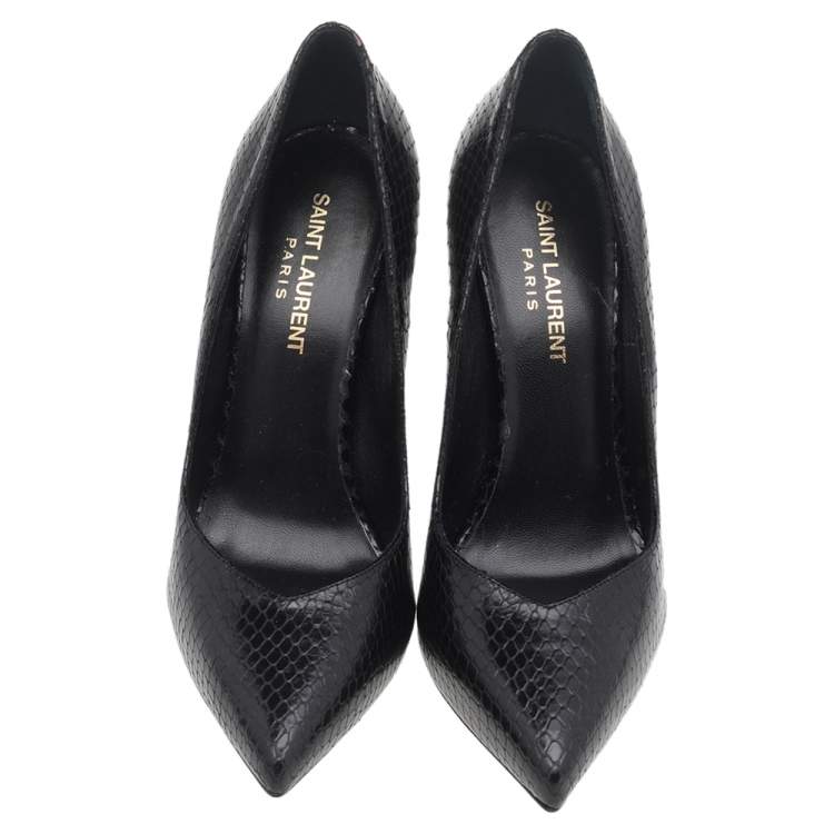 Pre Owned Saint Laurent Black Snakeskin Embossed Leather Pointed Toe Pumps Size 37