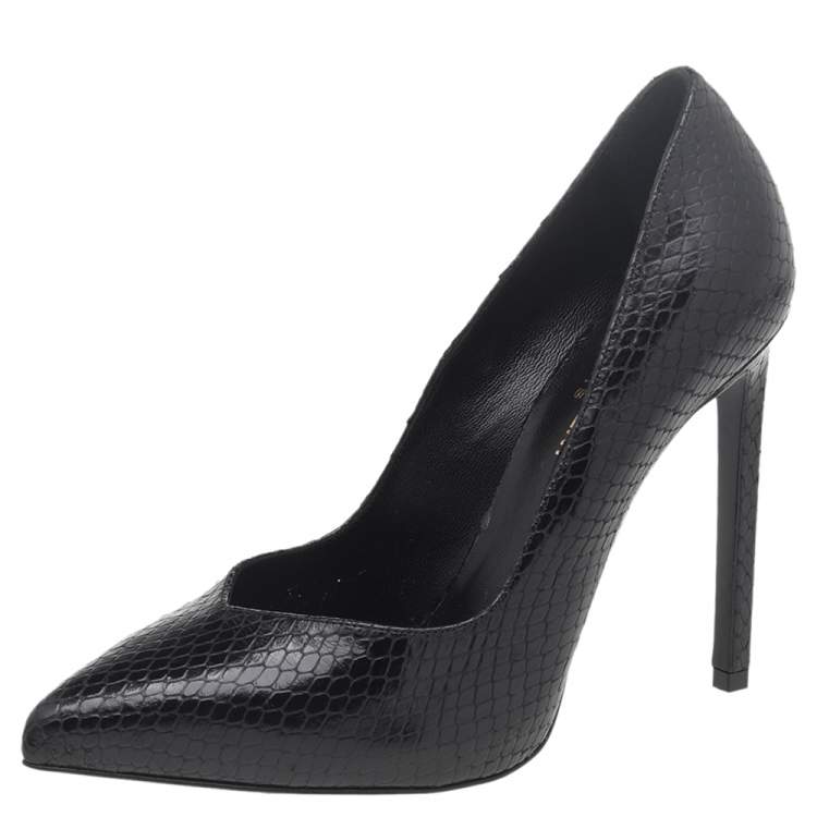 Pre Owned Saint Laurent Black Snakeskin Embossed Leather Pointed Toe Pumps Size 37