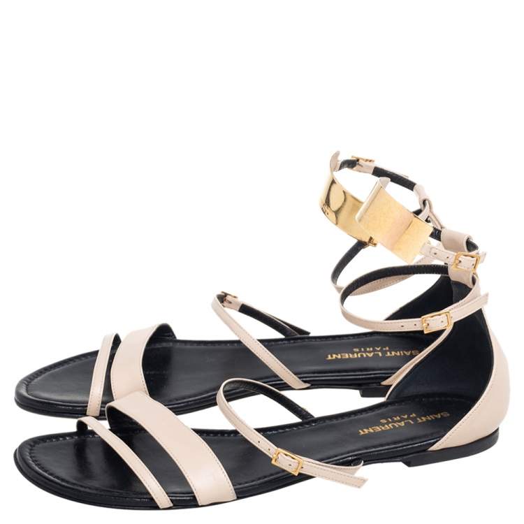 Pre Owned Saint Laurent Beige Leather Janis Ankle Strap Flats Size 40