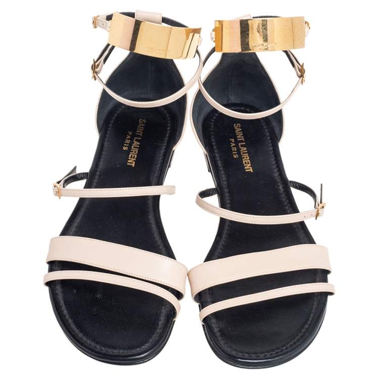 Pre Owned Saint Laurent Beige Leather Janis Ankle Strap Flats Size 40