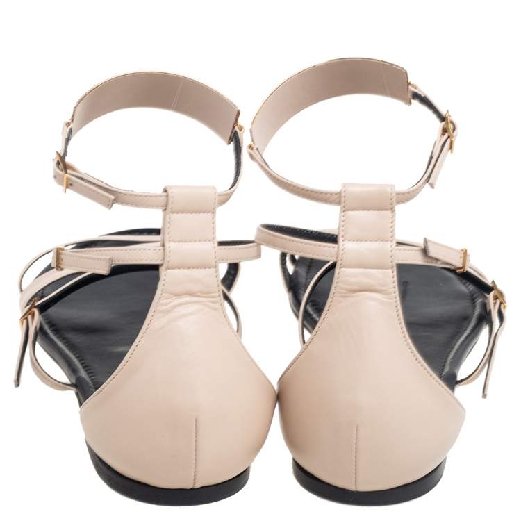 Pre Owned Saint Laurent Beige Leather Janis Ankle Strap Flats Size 40