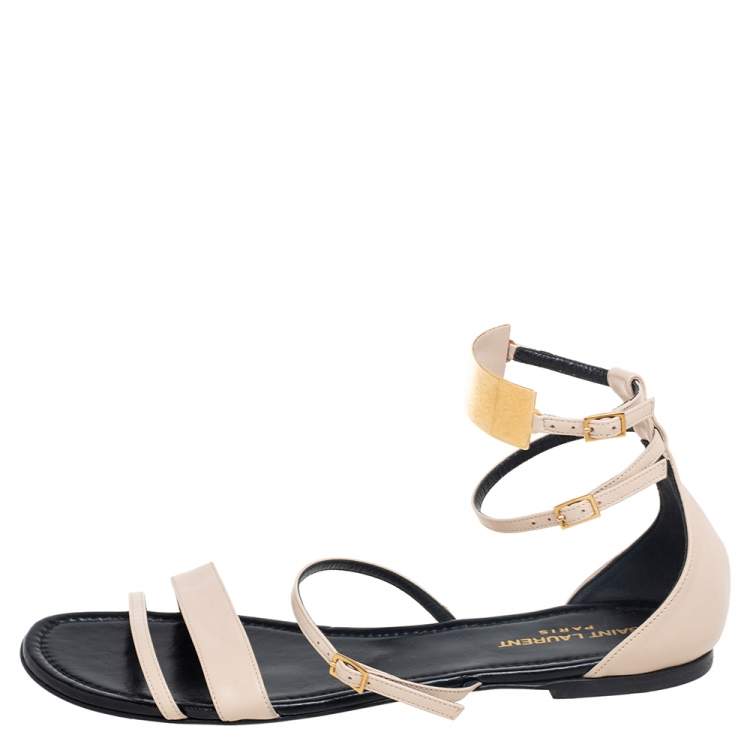 Pre Owned Saint Laurent Beige Leather Janis Ankle Strap Flats Size 40