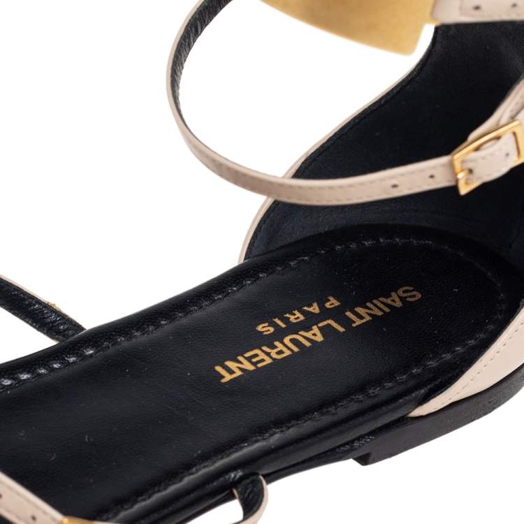 Pre Owned Saint Laurent Beige Leather Janis Ankle Strap Flats Size 40