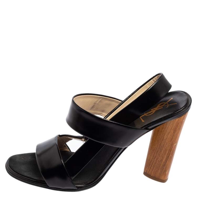 Pre Owned Saint Laurent Black Leather Open Toe Slingback Sandals Size 39.5