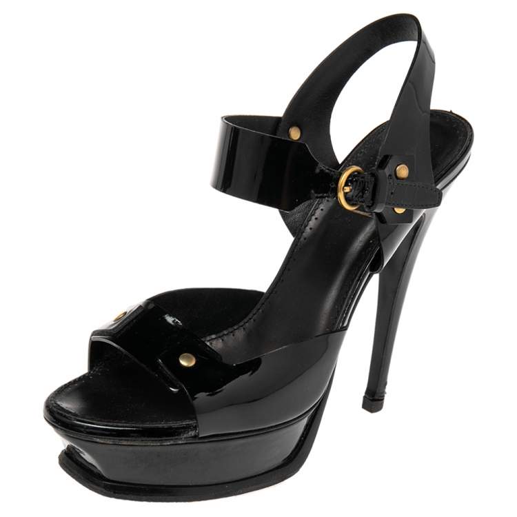 Pre Owned Saint Laurent Black  Patent Leather Platform Ankle Strap Sandals Size 39.5