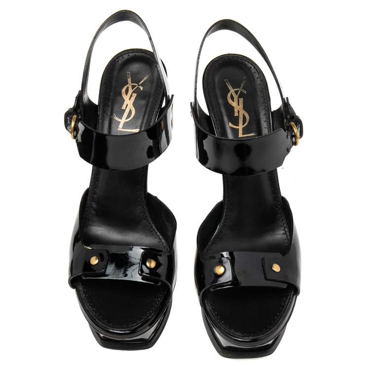 Pre Owned Saint Laurent Black  Patent Leather Platform Ankle Strap Sandals Size 39.5