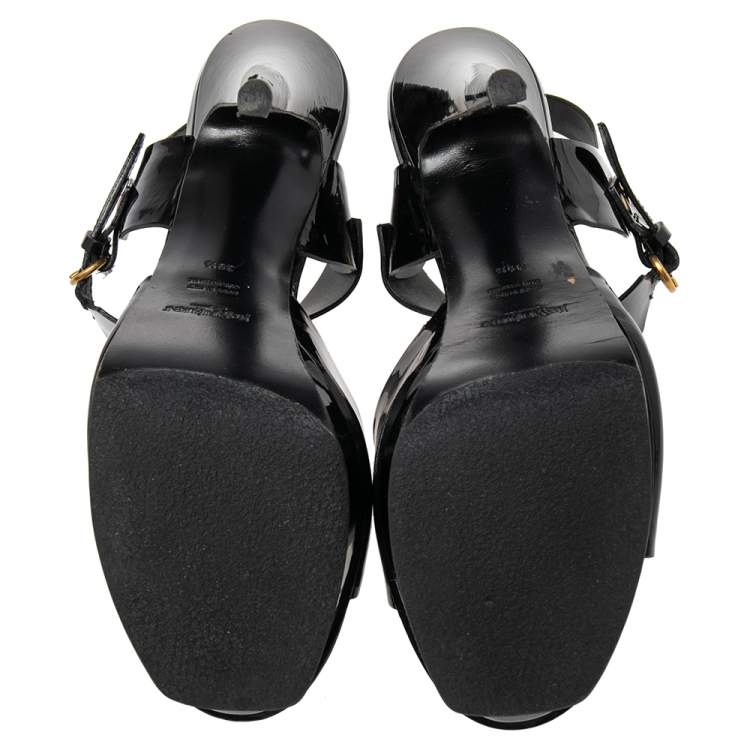 Pre Owned Saint Laurent Black  Patent Leather Platform Ankle Strap Sandals Size 39.5