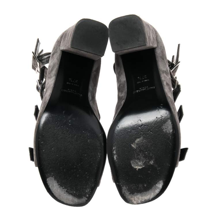 Pre Owned Saint Laurent Grey Suede Babies Gladiators Ankle Sandals Size 37.5